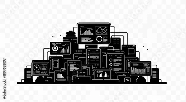 Obraz Modern data management visualization with connected digital devices, charts, and graphs for business analytics and innovative technology solutions