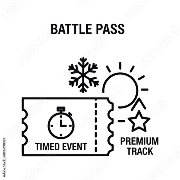 Fototapeta Illustration of a battle pass ticket with winter and summer symbols isolated on