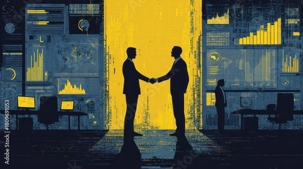 Fototapeta Businessmen shaking hands against a backdrop of digital data screens.