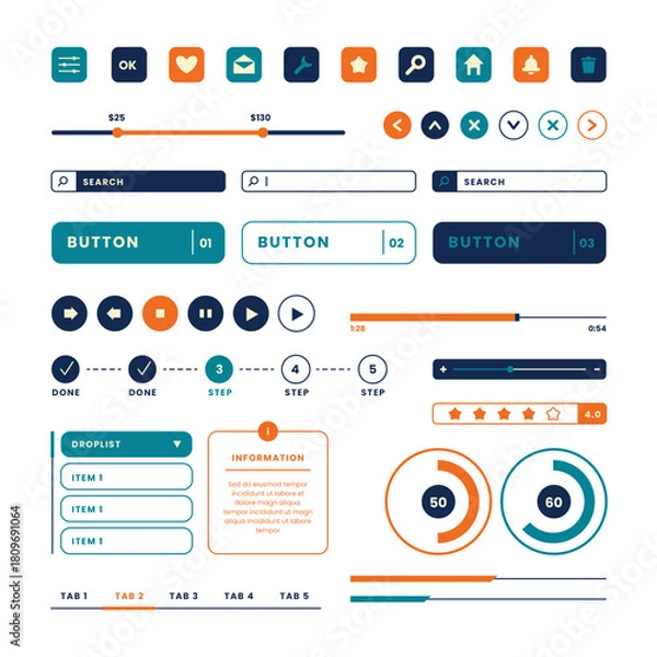 Fototapeta Modern flat design ui elements collection for web and app interfaces