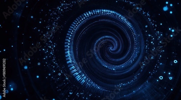 Fototapeta Abstract blue light spiral tunnel with glowing particles in darkness