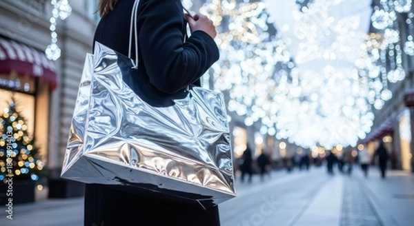 Fototapeta A vibrant city street comes alive with holiday cheer as a shopper carries a gleaming silver bag under twinkling lights