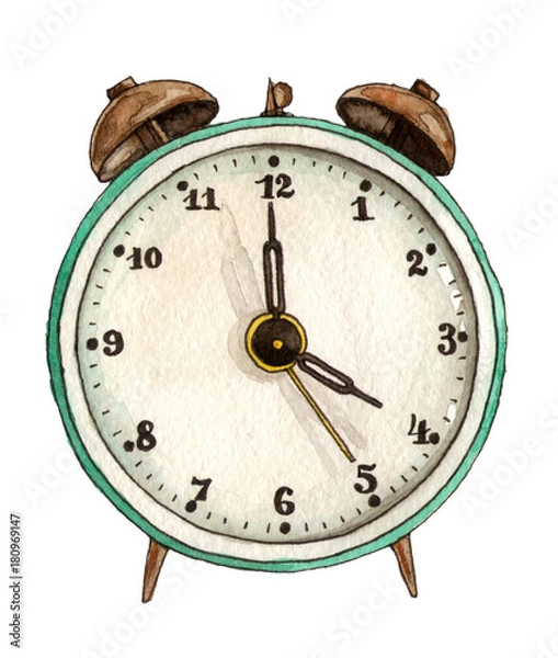 Fototapeta watercolor illustration vintage alarm clock. hand painted. isolated element. back to school.
