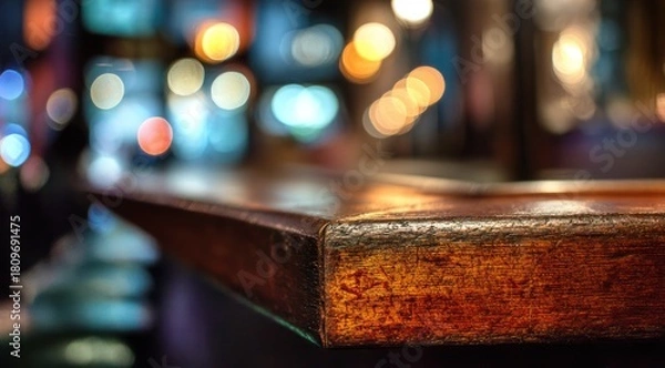 Fototapeta Close up of a wooden bar edge with colorful bokeh lights background