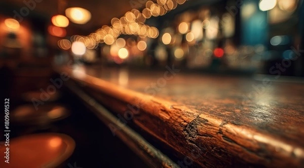 Fototapeta Close up of a wooden bar surface with warm bokeh lights in background.