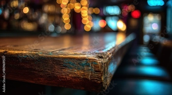 Fototapeta Close up of rustic wooden bar top with colorful bokeh lights background