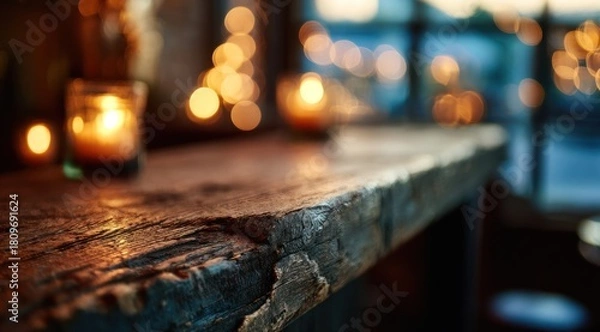 Fototapeta Rustic wooden surface with warm candle light and blue bokeh background.
