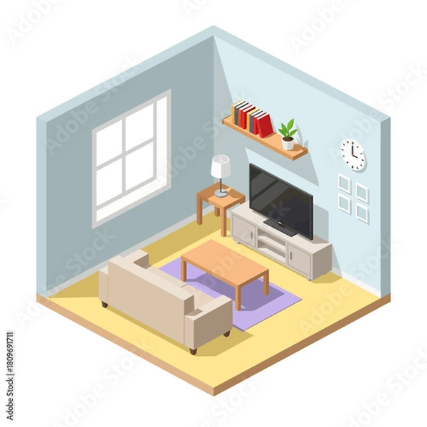 Fototapeta An isometric 3D vector illustration of a modern living room featuring a beige sofa, wooden coffee table on a purple rug, flat-screen TV, and bookshelf against light blue walls with a window