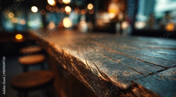 Fototapeta Rustic wooden bar surface with warm ambient bokeh lights in background.