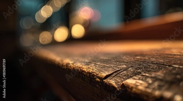 Fototapeta Close up of rough wooden surface with abstract background lights