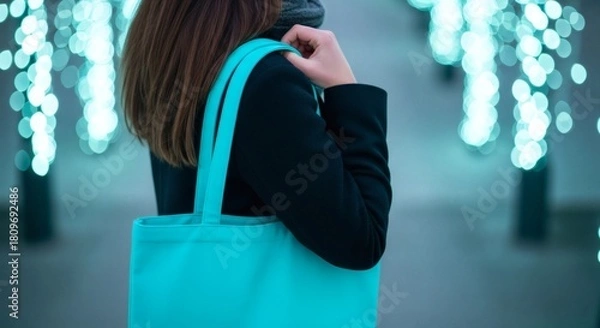 Fototapeta Close-up of a person holding a turquoise tote bag outdoors with bokeh lights in the background
