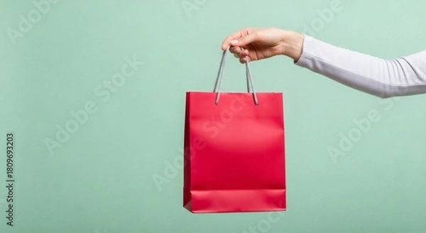 Fototapeta Hand holding a vibrant red shopping bag with string handles against a soft green background - gift and purchase