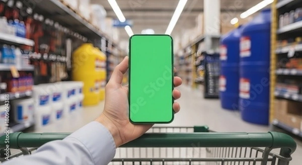 Fototapeta Customer holding a smartphone with a green screen mockup while pushing a a shopping cart in a retail hardware store aisle