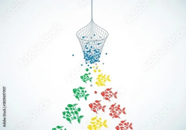 Fototapeta Colorful fish escaping net representing freedom and business strategy