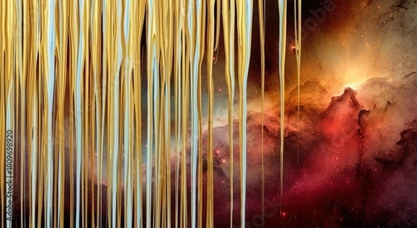 Fototapeta Abstract golden liquid drips overlaying a dramatic cosmic nebula with warm orange and red tones