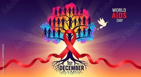 Fototapeta Colorful World AIDS Day tree of life with people holding hands, red ribbon and peace dove – global unity, hope and HIV awareness on December 1