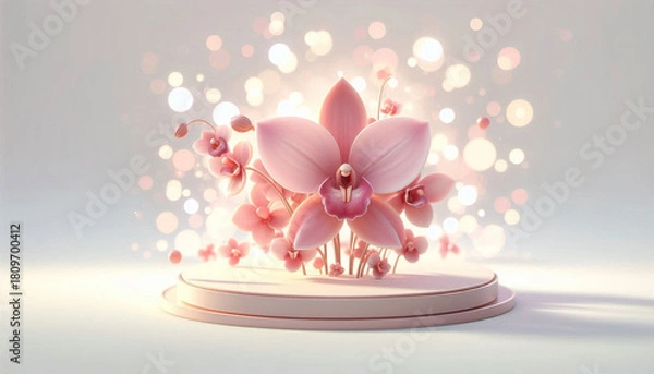Fototapeta Pink Orchid Arrangement on Stand with Sparkling Lights Backdrop