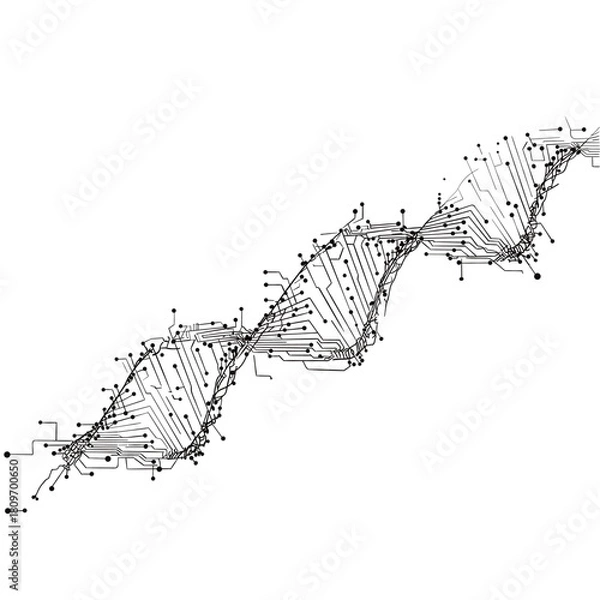 Fototapeta A detailed abstract DNA helix formed from electronic circuit lines, symbolizing technology, genetics, AI, and biotechnology innovation. Clean, modern vector design