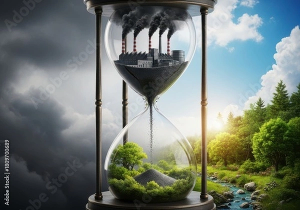 Fototapeta Urgent climate change concept with hourglass showing nature's decline