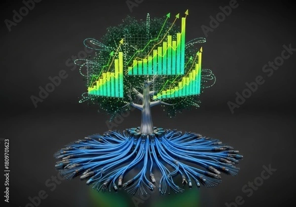 Fototapeta Data driven growth concept with vibrant financial charts and cable roots