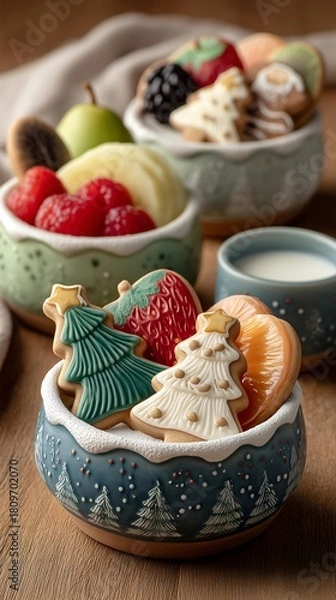 Fototapeta Close-up display of Santa cookies, fruit bowls, gingerbread trees, and a cozy lit wooden table creating a sweet, cheerful Christmas dessert moment