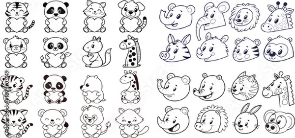 Fototapeta Hand Drawn Animal Faces Line Art Mega Set Black and White