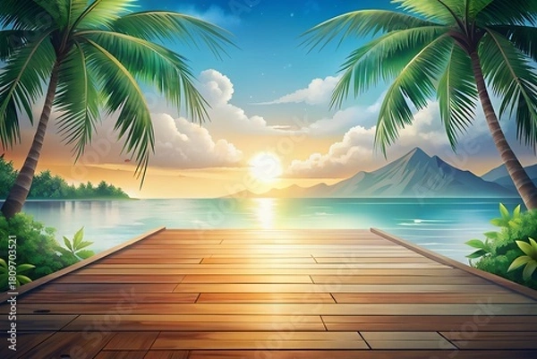 Fototapeta Tropical paradise sunset over the ocean with palm trees and dock