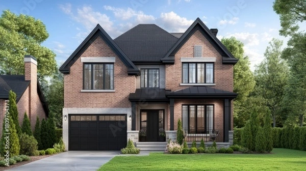 Fototapeta Modern Architectural Gem: A striking modern residential home with a brick exterior stands majestically. The sleek design, coupled with lush landscaping.