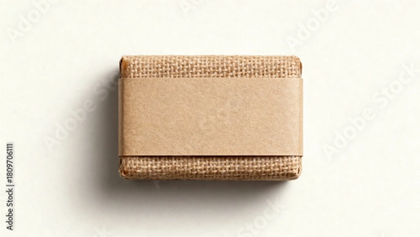 Fototapeta Wrapped Soap Bar Brown Burlap Band on Clean White Background