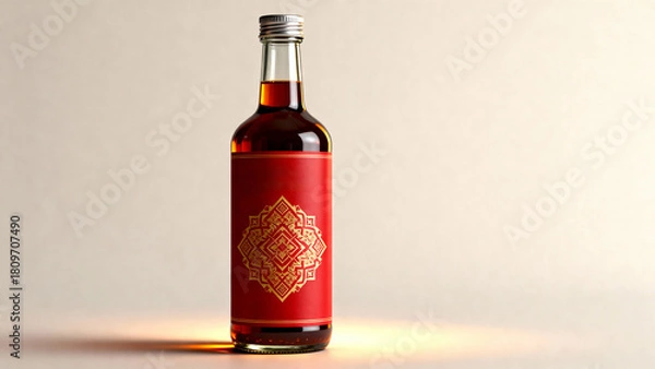 Fototapeta Glass Bottle with Red Label and Gold Pattern on Neutral Backdrop