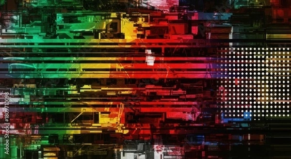 Fototapeta Abstract digital glitch art background with vibrant horizontal lines and colorful data corruption effect