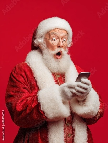 Fototapeta surprised funny amazed old bearded santa claus wearing costume holding cell phone using mobile app on smartphone shocked by christmas promotion xmas applications ads isolated on red background no log