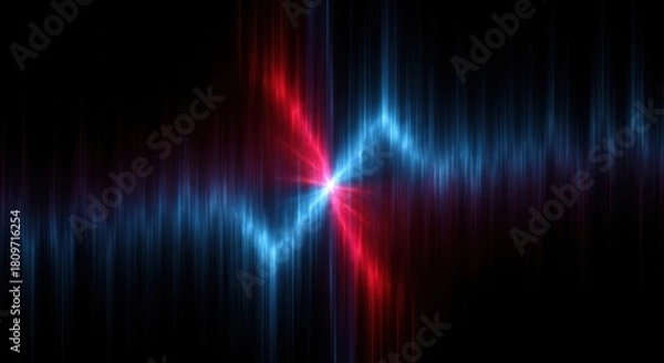 Fototapeta Abstract digital sound wave visualization with glowing red and blue light streaks against a dark background