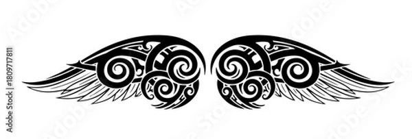 Fototapeta Intricate black tribal wings design featuring symmetrical Maori-inspired spirals and sharp feather details in a bold tattoo style