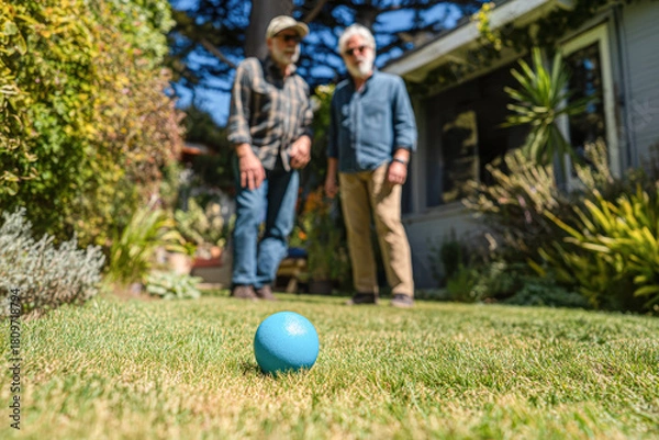 Fototapeta Two men stand on a grassy lawn, observing a blue ball in the foreground, surrounded by greenery and a house in the background.