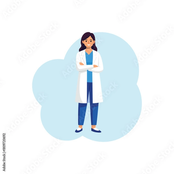 Obraz Female Doctor in White Coat Standing with Confident Pose – Flat Medical Vector Illustration