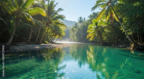 Obraz Vibrant Tropical River in Lush Rainforest with Clear Turquoise Water and Palm Trees