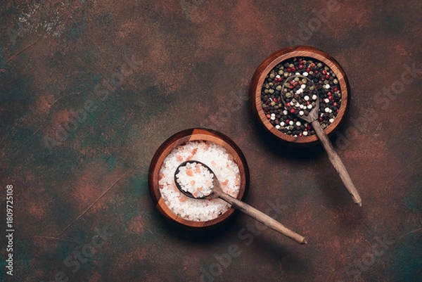 Fototapeta Pink salt and various peppercorns in wooden bowls with wooden spoons on dark grunge background, culinary backdrop, top view, copy space.