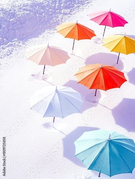 Obraz A collection of vibrant, open umbrellas are arranged on a textured white surface, creating a visually striking pattern with their colorful canopies and shadows.