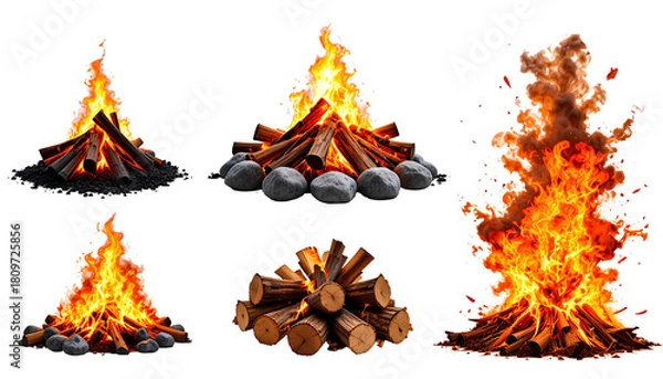 Fototapeta Sequence of Fire Elements from Campfire to Explosion on Transparent Background