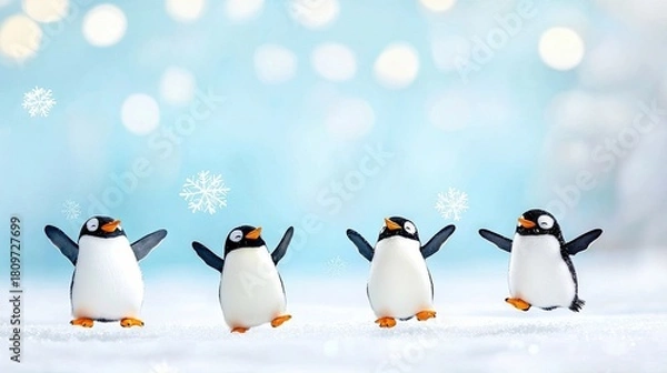 Obraz Four playful toy penguins stand in the snow with their arms raised, enjoying falling snowflakes and a soft bokeh background.