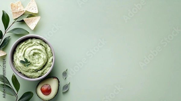 Obraz A bowl of creamy guacamole is presented with tortilla chips, an avocado half, and green leaves, suggesting a fresh and healthy appetizer.