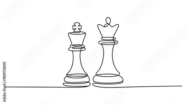 Fototapeta minimalist line art of chess king and queen pieces in continuous stroke style, symbolizing leadership, strategy, and power