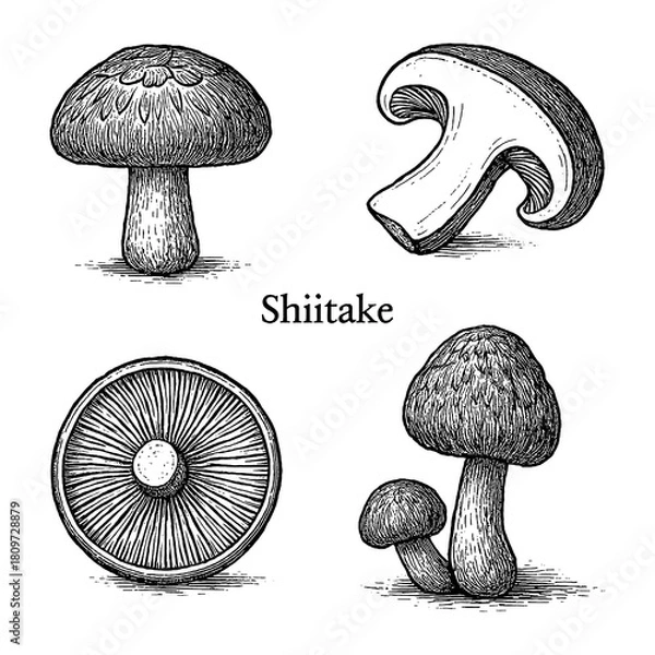 Obraz Shiitake Mushroom Set in Vintage Botanical Engraving Style Transparent Background