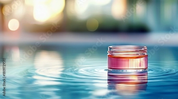 Obraz A small glass jar filled with pink liquid floats on the surface of clear blue water, creating gentle ripples.