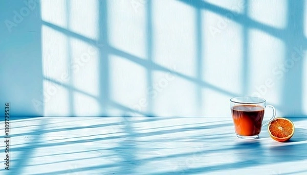 Obraz A glass mug filled with orange juice sits on a light blue wooden table next to a slice of orange, with dramatic sunlight and shadow patterns on the wall and flo