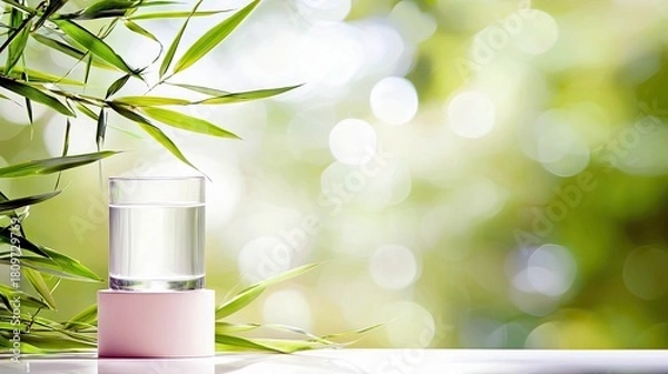 Obraz A clear glass of water sits on a pink pedestal, surrounded by vibrant green bamboo leaves, with a soft, blurred green bokeh background.
