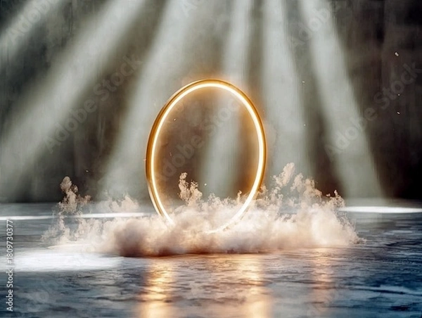 Obraz A luminous golden ring stands on a reflective surface, enveloped in swirling smoke and dramatically lit by angled light beams.