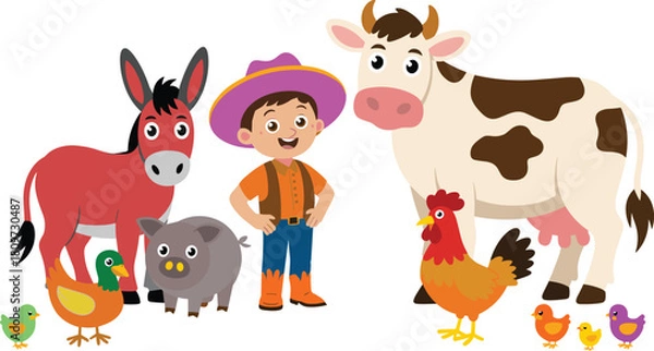 Fototapeta Cute cartoon farmer boy with farm animals, friendly livestock illustration, happy child on farm, cow pig donkey chicken duck scene