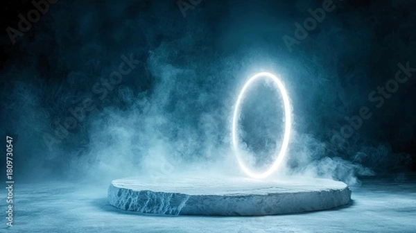 Obraz A glowing white neon ring portal stands on a rough stone pedestal, enveloped in swirling blue smoke and fog against a dark background.
